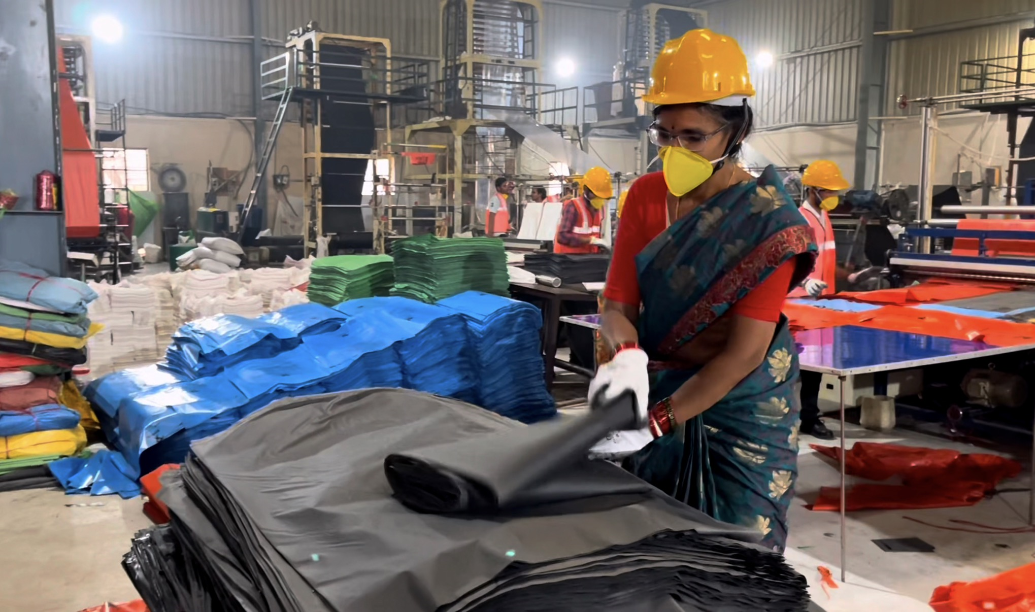 Finished garbage bags stacked at Ushakiran Ecoplast Hyderabad factory